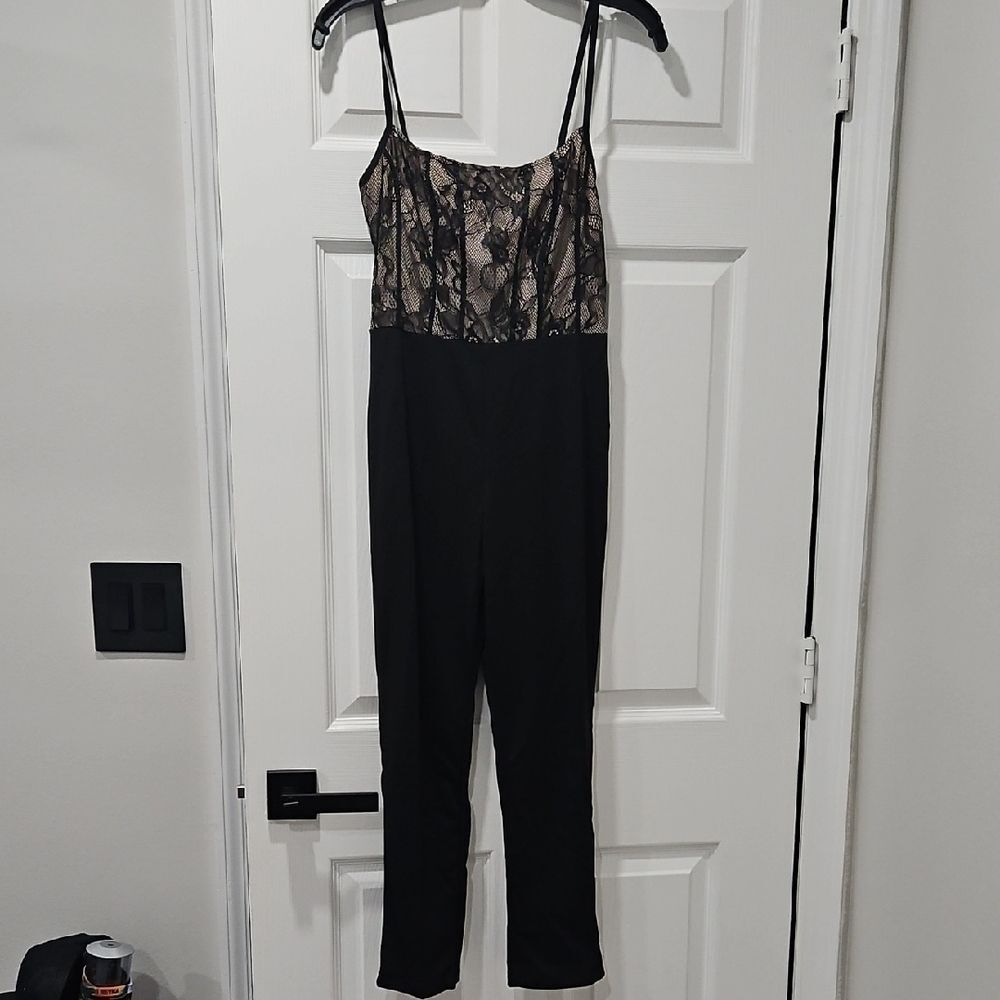 Lace-Trim Black Jumpsuit with Nude Lining